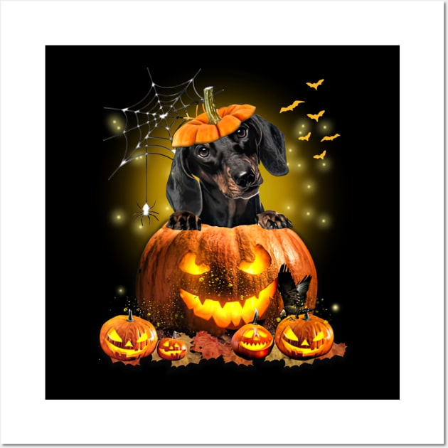 Black Dachshund Spooky Halloween Pumpkin Dog Head Wall Art by Los Draws